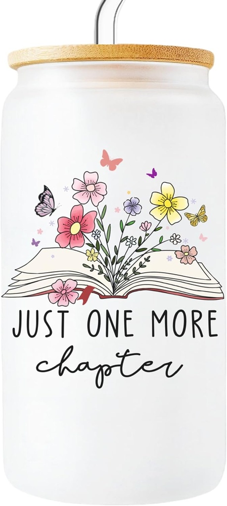 Book Lovers Gifts Idea,Books Gifts for Readers Woman,16 oz Glass Can Cup with Wood Lid, Straw and Brush, Glass Tumbler Book Lover Gifts for Women, Cute Gifts for Readers Book Club Birthday (Chapter)