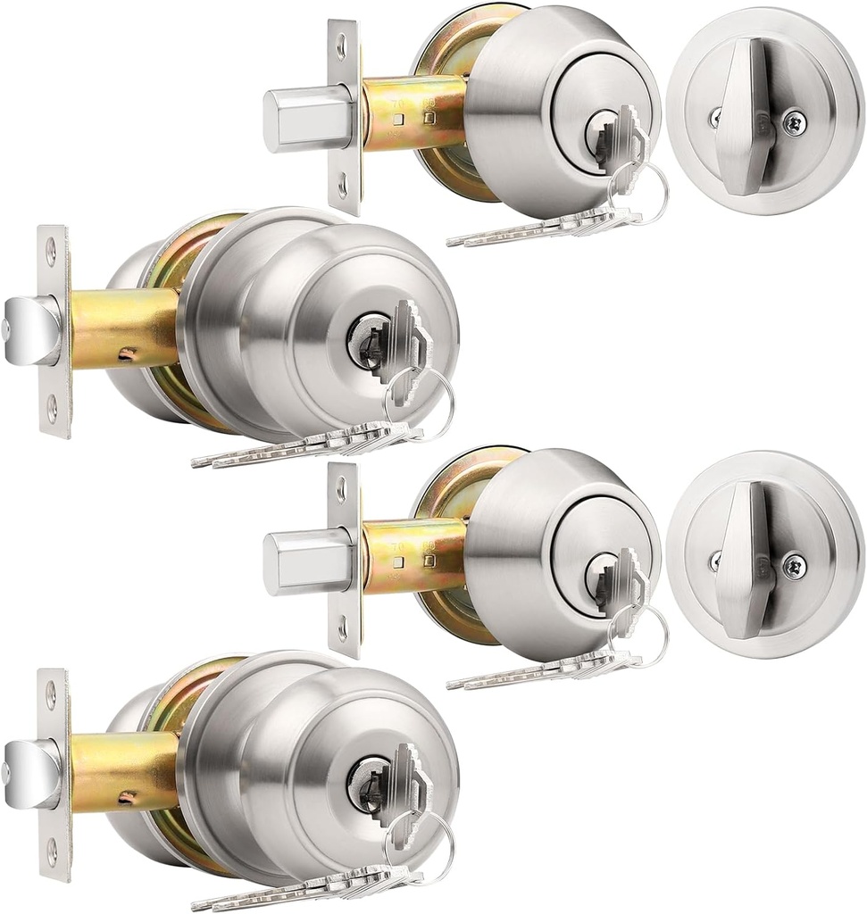 Probrico Front Door Entry Handles Lockset and Single Cylinder Deadbolt Combination Set, Satin Nickel (2 Pack) Keyed Alike