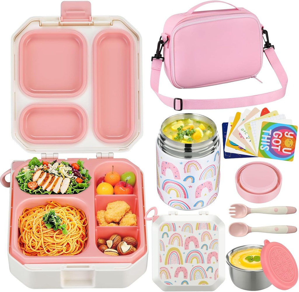 Itslife Bento Lunch Box Set for Kids with 12oz Soup Thermo&Lunch Bag, Leak-Proof Lunch Food Containers for Kids School, 5 Compartment, Sauce Cup, 10 Notes (Rainbow White)