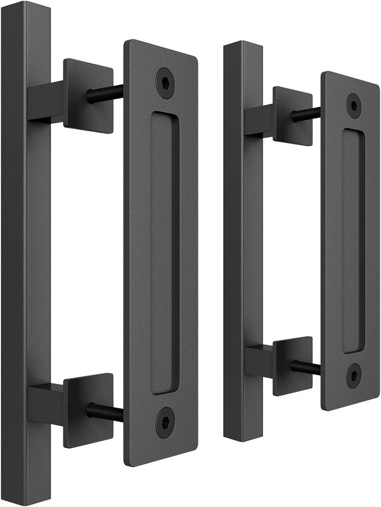 SMARTSTANDARD 2PCS 12" Pull and Flush Barn Door Handle Set, Large Rustic Two-Side Design, for Gates Garages Sheds Furniture, Black, Square