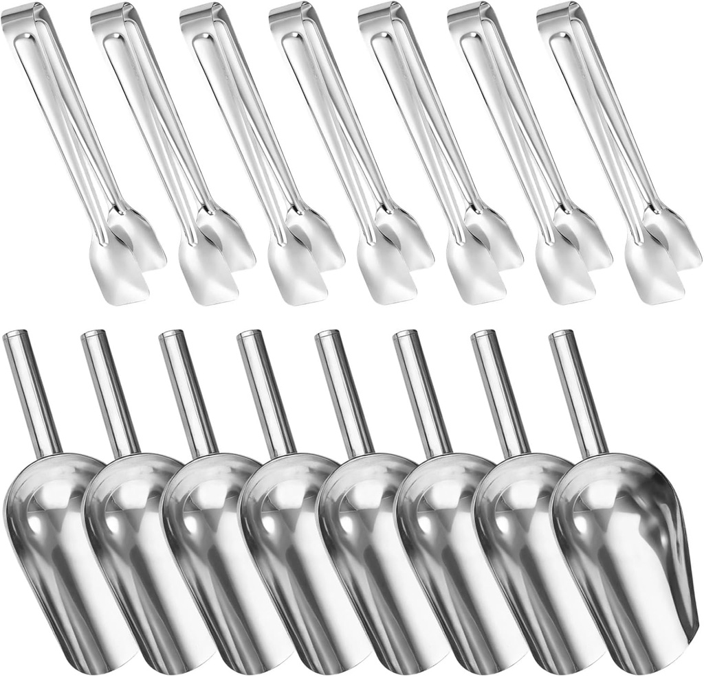 Stainless Steel Ice Scoop Set of 16 Pieces, Comprises 8 Scoops and 8 Tongs, Great for Freezers and Ice Machines, Easy Cleaning