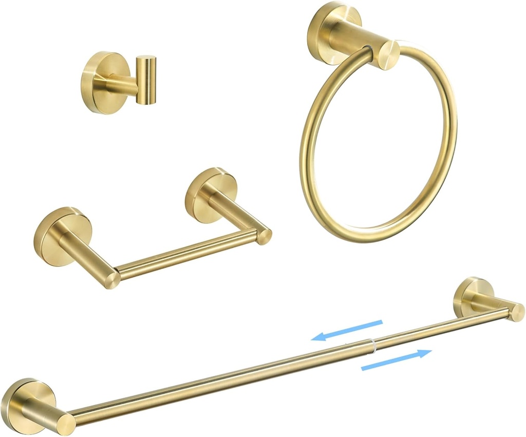 4 Pieces Brushed Gold Bathroom Hardware, Accessories Set Includes 15 to 24 Inch Adjustable Towel Bar Double Post Toilet Paper Holder Towel Ring Robe Hook Wall Mount Hand Towel Holder
