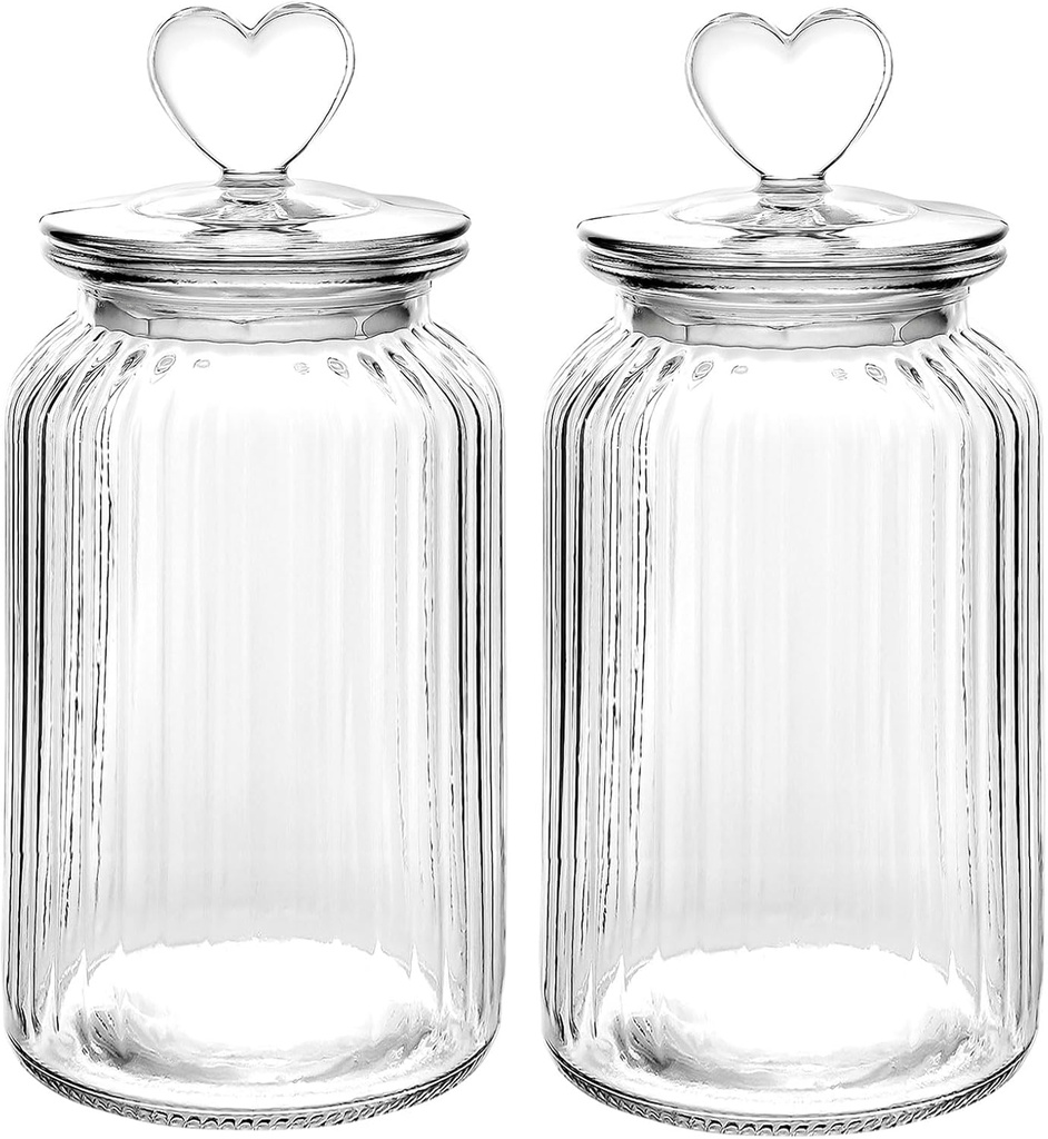 WHJY Set of 2 Airtight Glass Jars, 45oz Jar of Hearts Cute Cookie Jar Decorative Jars with Lids Candy Jars for Candy Buffet Heart Shaped Lid - Stripes Textured