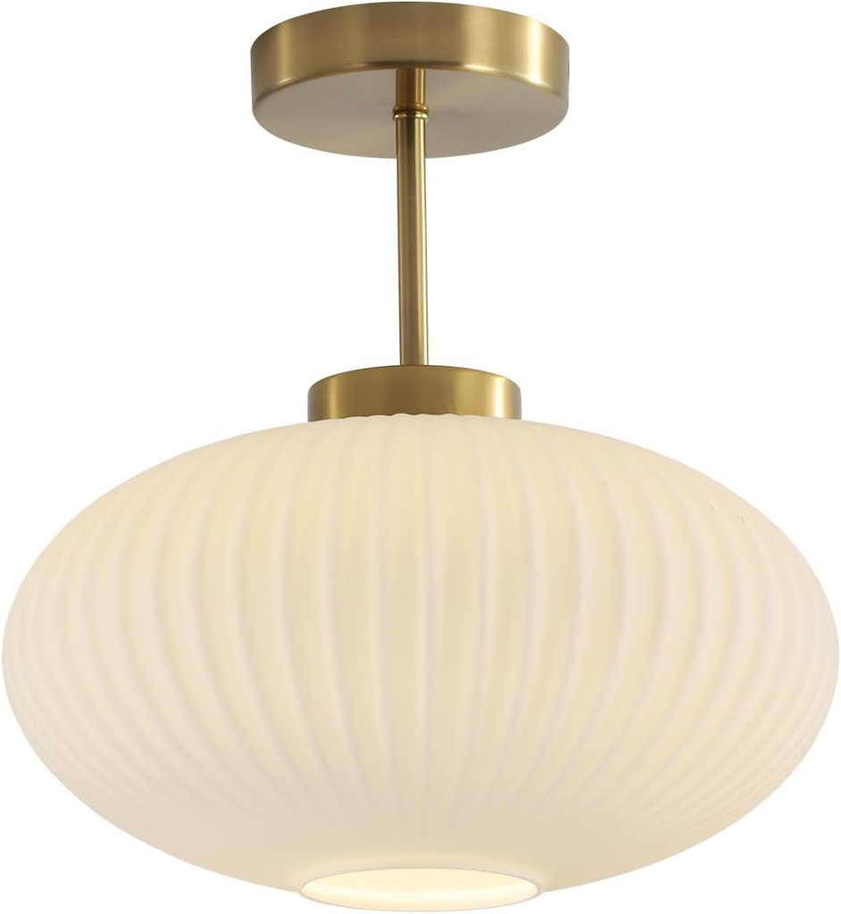 KCO Lighting White Ribbed Glass Semi Flush Mount Ceiling Light Large Milk Glass Ceiling Lights Fixture Brushed Gold Flush Mount Bathroom Light Mid Century Modern Entry Lights