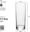 Glasses Set of 6, 11.5oz Tall Drinking Glasses, Water Glass for Kitchen,Clear Tall Glass Cups,Cute Cocktail Glasses,Lead-Free Water Glasses Bar Glassware for Mojito Beverages and Mixed Drinks