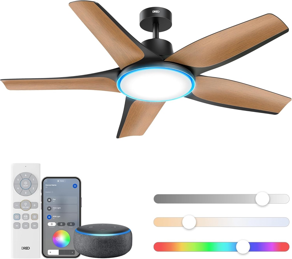 Dreo Smart Ceiling Fans with Lights, Low profile Ceiling Fan with Alexa/App, 52'' Dimmable Lighting & Color Tuning, RGB Ambient Light for Living Room, Game Room, Easy Installation, Quiet, Black