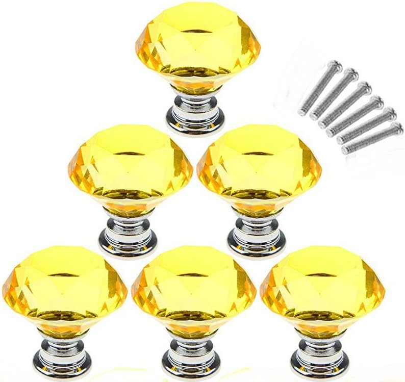 AKOAK 6 Pcs 30mm Yellow Diamond Shape Crystal Glass Cabinet Knob Used for Cabinet, Drawer, Chest, Bin, Dresser, Cupboard, Etc