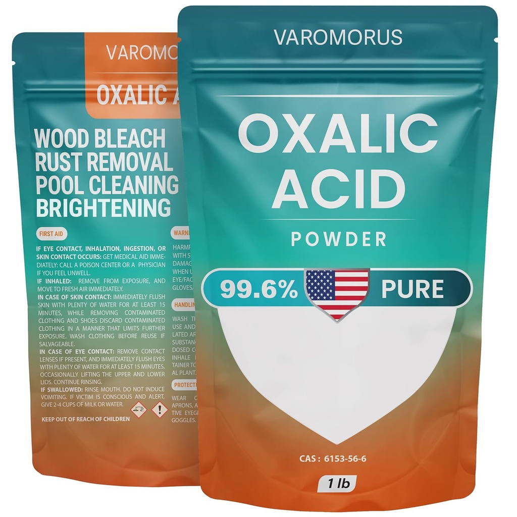 Varomorus Oxalic Acid 1 lbs - 99.6% Pure Fine Powder, Multi-Use Cleaner and Stain Remover for Wood, Metal, Rust, Wood Bleach, Hardwood Floor & Furniture Restorer, Pool - Industrial Cleaning Solution