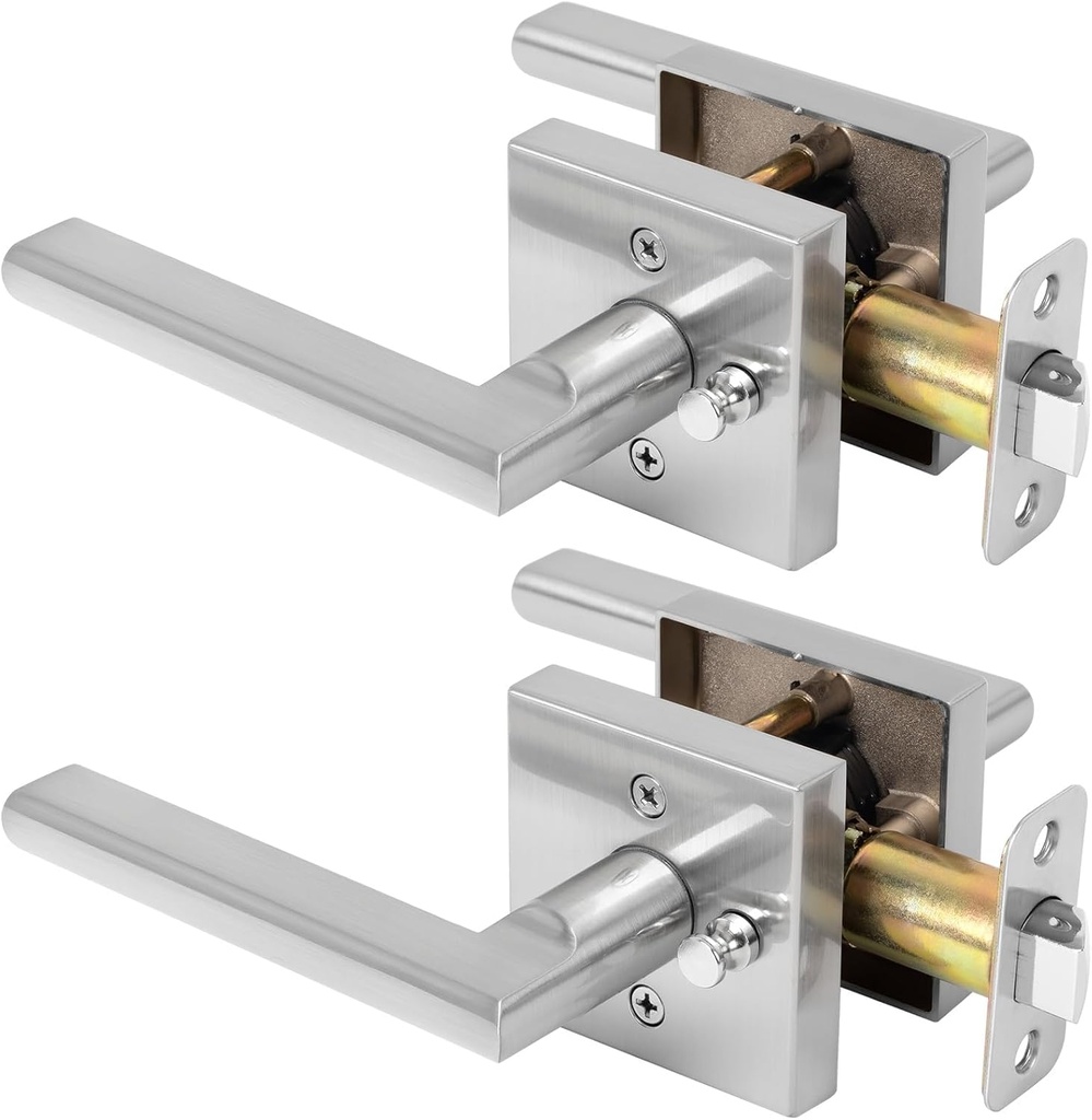 Privacy Door Handles Interior for Bathroom ＆ Bedroom, Heavy Duty Interior Door Handle with Lock, Satin Nickel Interior Door Levers, Keyless Reversible Square for Left & Right, 2 Pack