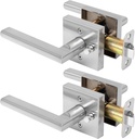 Privacy Door Handles Interior for Bathroom ＆ Bedroom, Heavy Duty Interior Door Handle with Lock, Satin Nickel Interior Door Levers, Keyless Reversible Square for Left & Right, 2 Pack