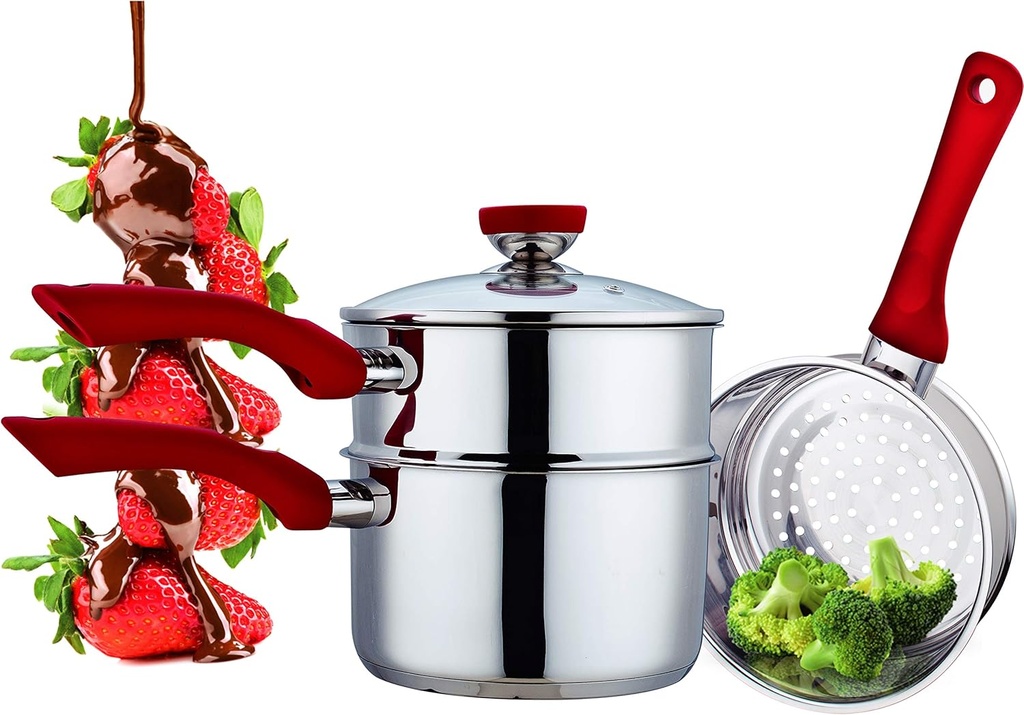 Culinary Edge Stainless Steel Nonstick 4-Piece Double Boiler Set Saucepan and Steamer