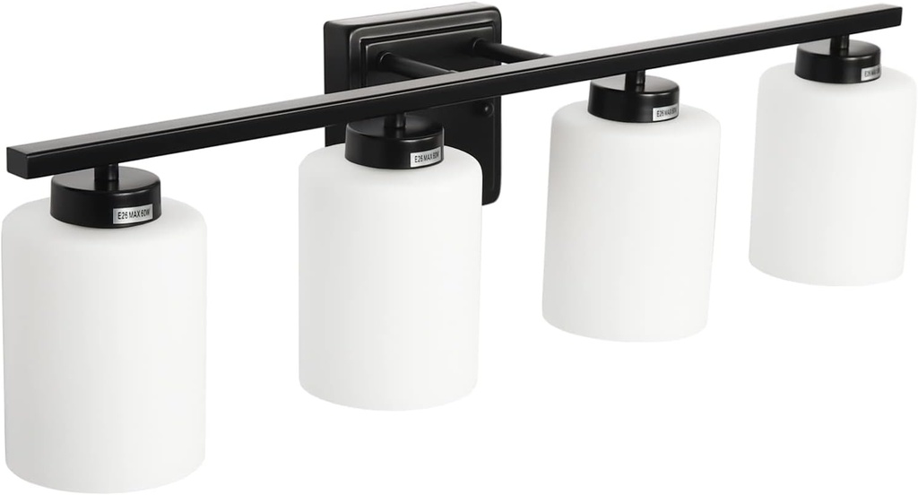 Matte Black Vanity Light Fixture with White Glass Shade for Bathroom Over Mirror, 28.5 Inches