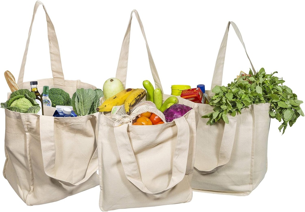 Best Canvas Grocery Shopping Bags with Handles and Bottle Sleeves - Organic Cotton, Washable and Eco-friendly Cloth Grocery Totes - Reusable Shopping Grocery Bags (3 Bags)
