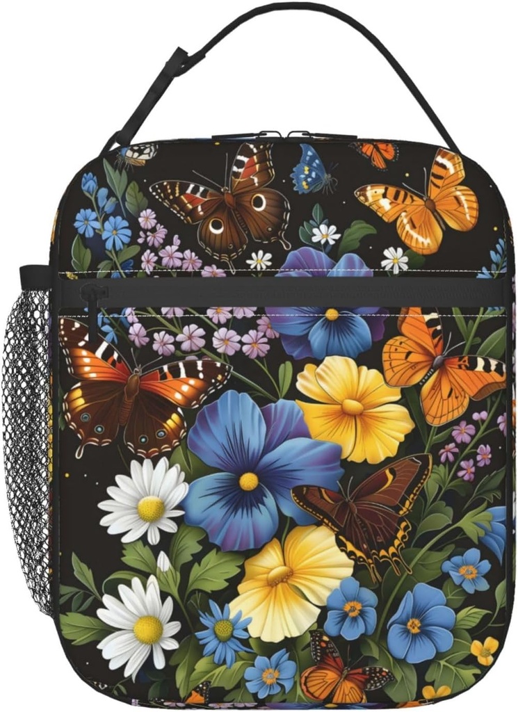 Colorful Floral & Butterfly Lunch Box for Women Girls, Insulated Cooler Butterfly Garden Lunch Bag for School, Picnic, Office, Work, Portable Reusable Polyester Thermal Tote Lunch Bags