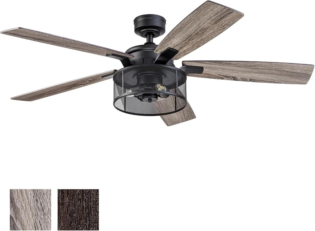 Honeywell Ceiling Fans Carnegie Industrial 52 Inch Ceiling Fan with Light, Remote Control Fan, LED Indoor Fan with 5 Blades, Gray Pine and Brown Chestnut Blade Finish Options, Matte Black (50614-01)