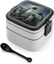Animals Family Bento Box with Spoon, 2-layer Stackable Lunch Box Leak Proof with Invisible Handle, Insulated Food Storage for Office, Picnic & Travel
