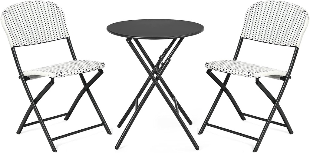 Giantex 3 Pieces Patio Dining Set, Folding Bistro Table with 2 Rattan Chairs, Metal Frame Indoor Outdoor Furniture Set for Garden Balcony Porch Yard Lawn Poolside (White & Black)