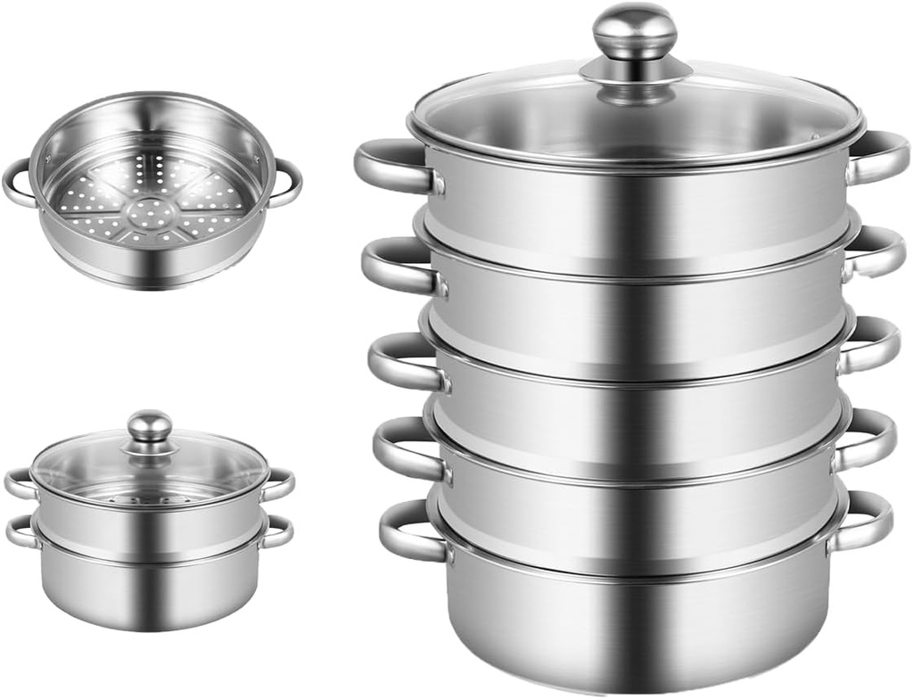5-Tier Stainless Steel Steamer, 12.59 * 2.75inch Cooking Tools Pan Set Household Cookware Pot Large Capacity Kitchenware Multi-Purpose Kitchen Implements Stackable Vegetable Pan w/Glass Lid