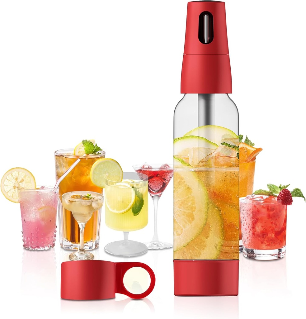 Sparkling Water Maker, Portable Soda Maker with 1L PET Carbonating Bottles, Soda Water Maker for Flavored Drinks, Soda Machine (Red)