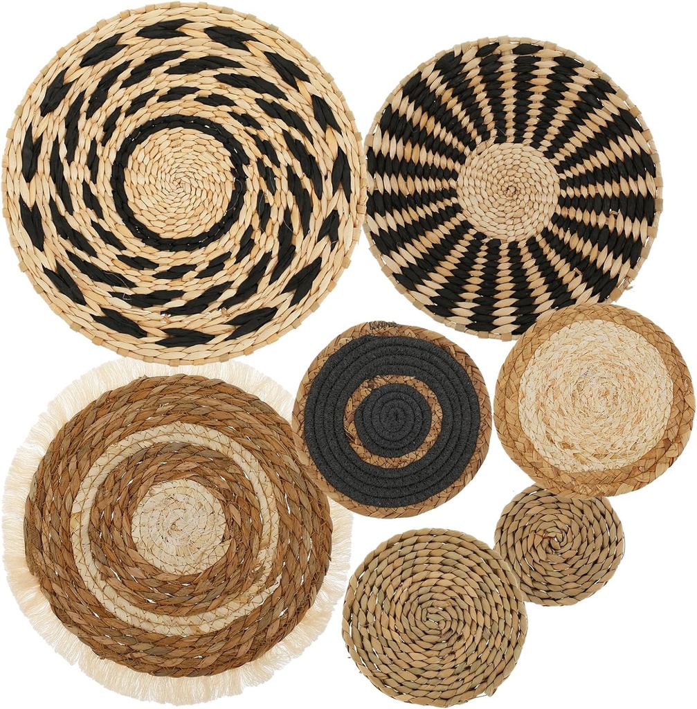 7Pack Boho Wall Basket Set Hanging Woven Wall Basket Decor Rattan Flat Round Wicker Wall Art Set Round Wall Art for Living Room Kitchen Office Bathroom Dining Room (Style 1)