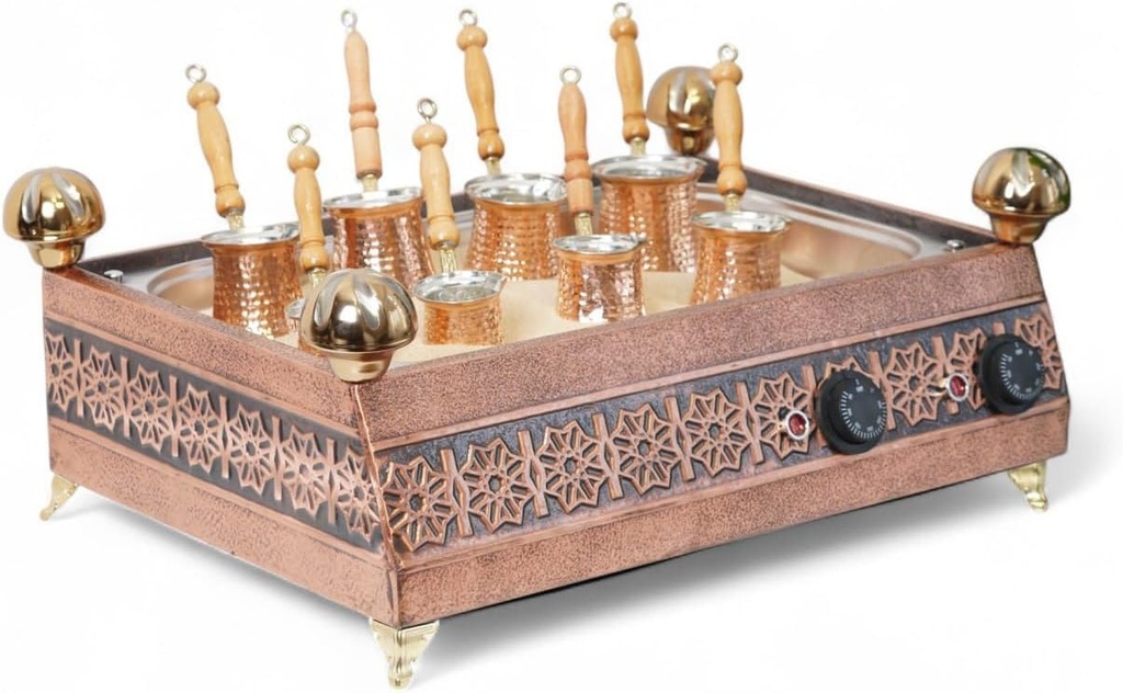 Traditional Handcrafted Copper Sand Coffee Maker Machine – With 8-Pots – 2000 Watt, 110 Volt – Authentic Turkish Coffee Experience