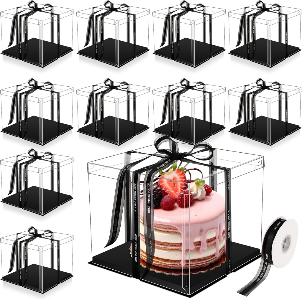 Maxdot 10 Pcs Transparent Tall Cake Boxes 12" x 12" x 10" Large Clear Cake Box with Ribbon Cake Carrier PET Wedding Cake Storage Container Clear Gift Boxes for Party Birthday Dessert Display (Black)