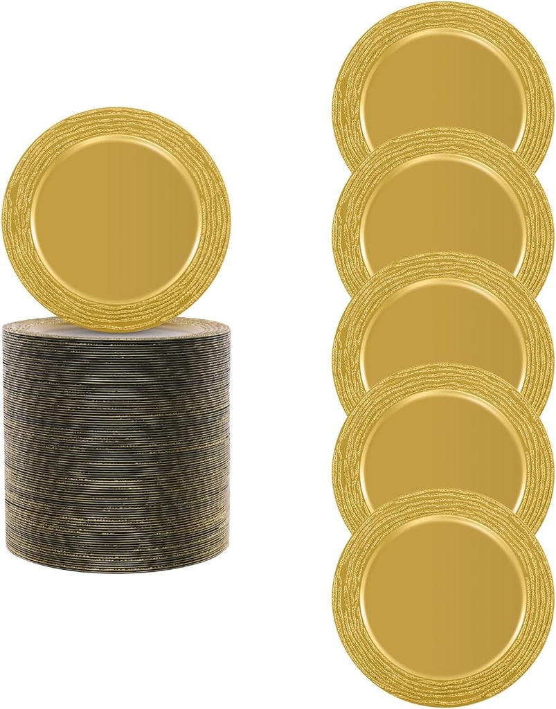 100 Pcs Charger Plates Bulk 13 Inch Round Plastic Charger Plates with Textured Edges for Table Setting, Elegant Decorative Dinner Plate Under Plate for Wedding Party Restaurant (Gold)