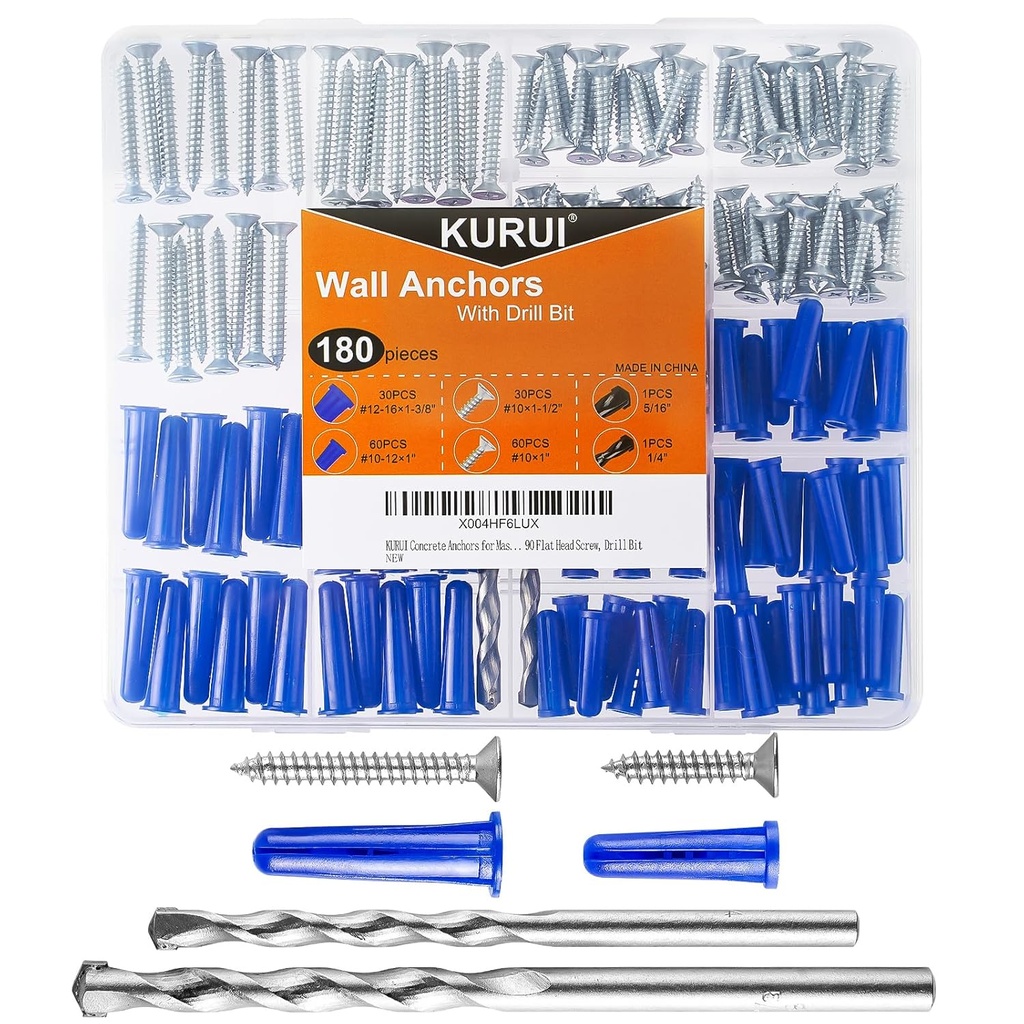 KURUI Concrete Anchors for Drywall Masonry Stucco Brick, 180Pcs Wall Hanging Assortment Kit for Wall Decor Picture Frame, 90 Dry Wall Anchors and 90 Flat Head Screws, Wall Hangers with Drill Bit