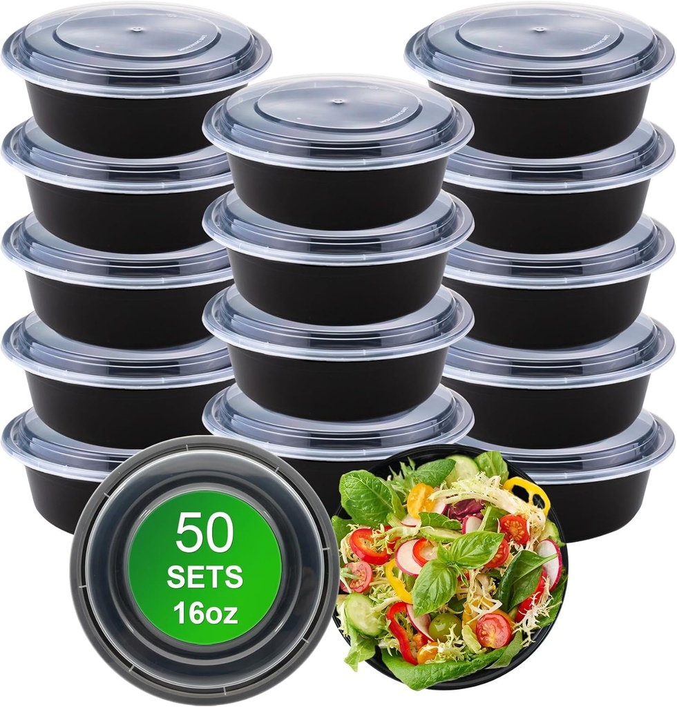 Round Meal Prep Containers with Lids, 50 Pack 16oz (100-Piece) Disposable Leakproof Take Out Food Storage Containers, Plastic To Go Lunch Boxes, BPA Free, Microwave/Dishwasher/Freezer Safe