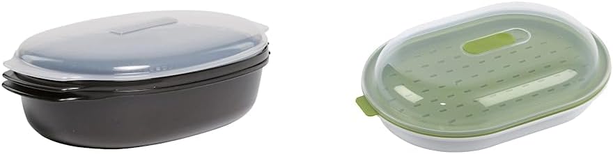 Whirlpool W10660052 Universal Microwave Steamer, 13 3/4" x 8 1/2" x 5 1/4", Black & GoodCook BPA-Free Plastic Microwave Vegetable and Fish Steamer, Green