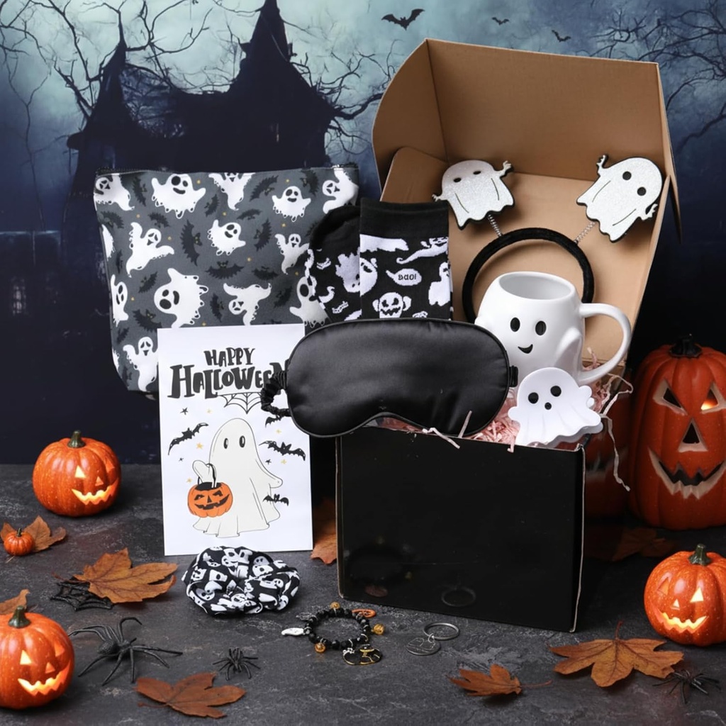 12 Pcs Halloween Boo Basket Stuffers Gift for Women, 14.9 oz Spooky Ghost Coffee Mug, Makeup Bag, Socks Cute Halloween Ghost Gifts for Her Girls Sister Teen Family Friend