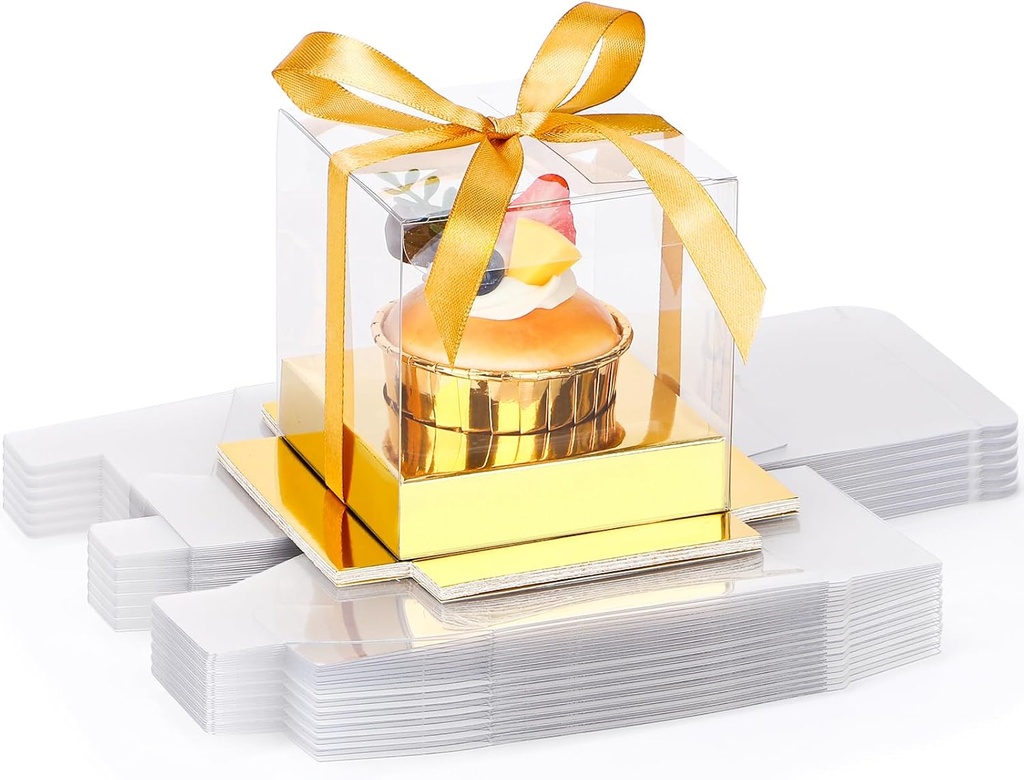 EUSOAR Individual Cupcake Wrappers, 24pcs 3.5 Inch Plastic Gold Cupcake Carrier with Ribbon and Inserts, Single Transparent Cupcake Holder Cake Containers with Lids for Wedding Birthday Party Favor