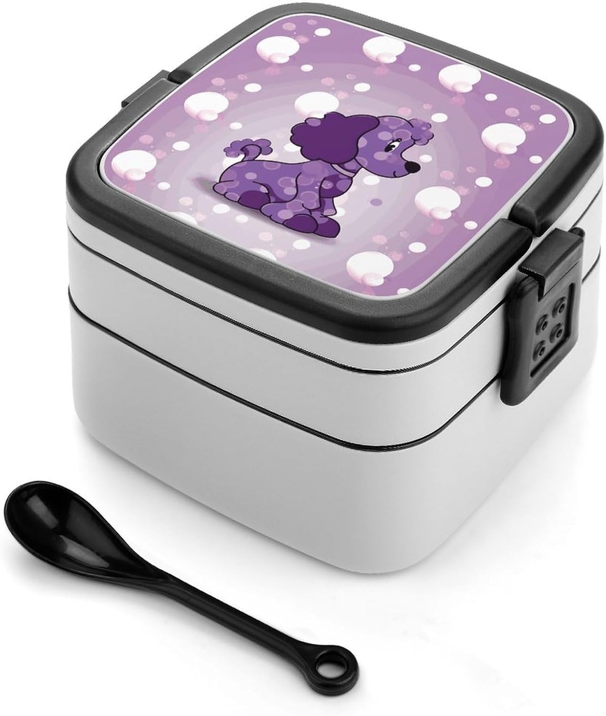 Purple Poodle Polka Dot Bento Box with Compartments Double Layer Bento Lunch Box with Spoon And Handle All-in-One Adult Lunchbox Leakproof Lunch Container for Work Picnic Travel