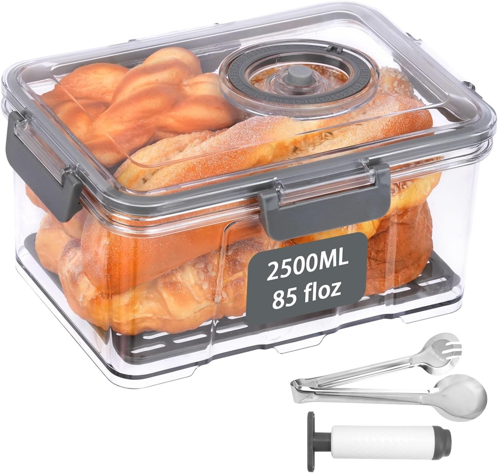 CEYAZYE Bread Box for Kitchen Storage Boxes, Vacuum Homemade Counter Airtight Container, Seal Countertop Bread Holder, Time Recording Bread Keeper for Toast Bagel Donut Roll Bun(Tongs & Pump)