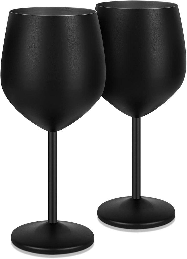 Lifecapido Stainless Steel Wine Glasses Set of 2, 18oz Stainless Steel Stem Wine Goblets, Stemmed Metal Wine Glasses with Cup Brush for Party Office Anniversary, Great for Red White Wine (Black)