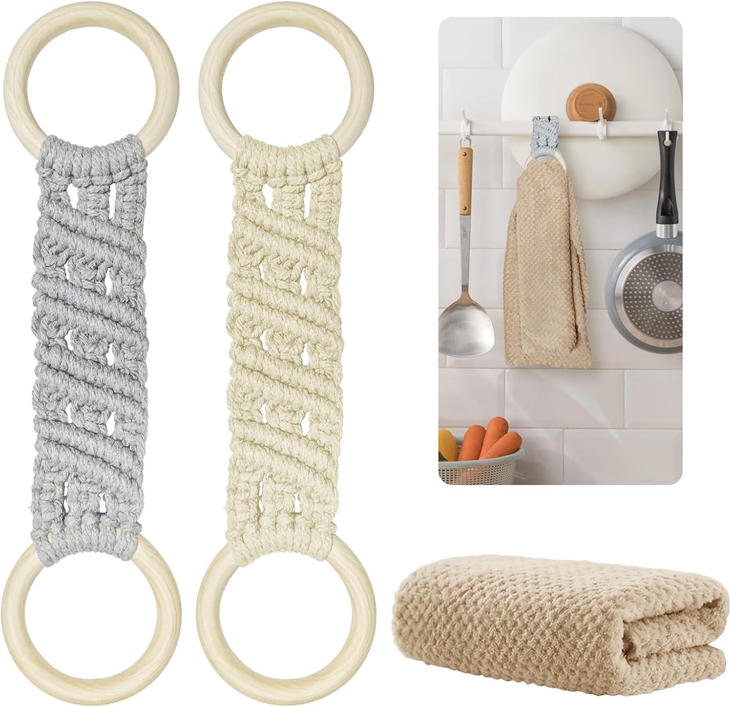 BATHRINS 2 Piece Kitchen Dish Towel Holders + Microfiber Cleaning Cloth Set- Kitchen Towel Hanger Macrame for Decor Boho Kitchen,Birthday,Thanksgiving