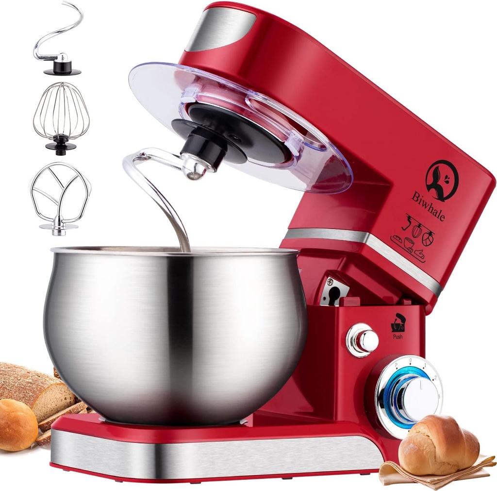 Electric Kitchen Stand Mixer, 500W 6.5Qt Bowl and 6-Speed with Egg Whisk, Dough Hook, Wire Whip & Beater (red)