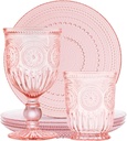 Yungala Pink Glassware Bundle - Pink Wine Glasses & Plates with Sunflower Emboss Design