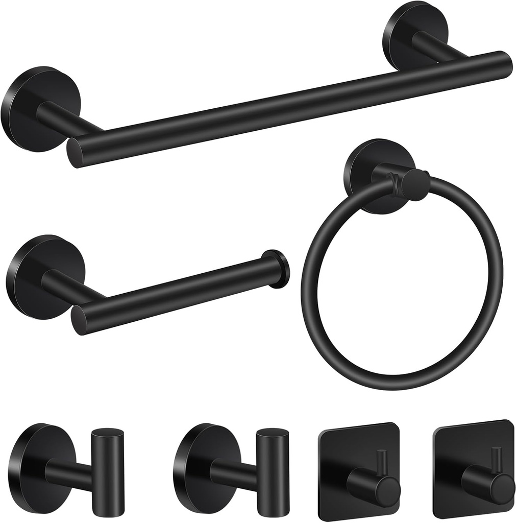 7Pieces Matte Black Bathroom Accessories Kit Hardware Set, 16" Towel Bar, Toilet Paper Holder, Round Towel Ring, SUS304 Stainless Steel Towel Racks for Bathroom Wall Mounted