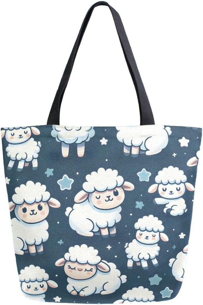 ALAZA Cartoon Sheep on Dark Blue Background Canvas Tote Bag for Women Travel Work Shopping Grocery Top Handle Purses Large Totes Reusable Handbags Cotton Shoulder Bags