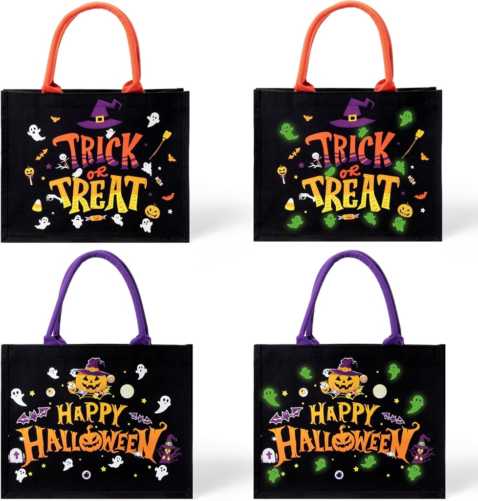 Y1tvei Halloween Big Luminous Canvas Tote Bag - 2Pcs Happy Halloween Trick or Treat Candy Bags, Ghosts Glow in the Dark, Reusable Grocery Shopping Bag Gift for Birthday Thanksgiving Christmas Party