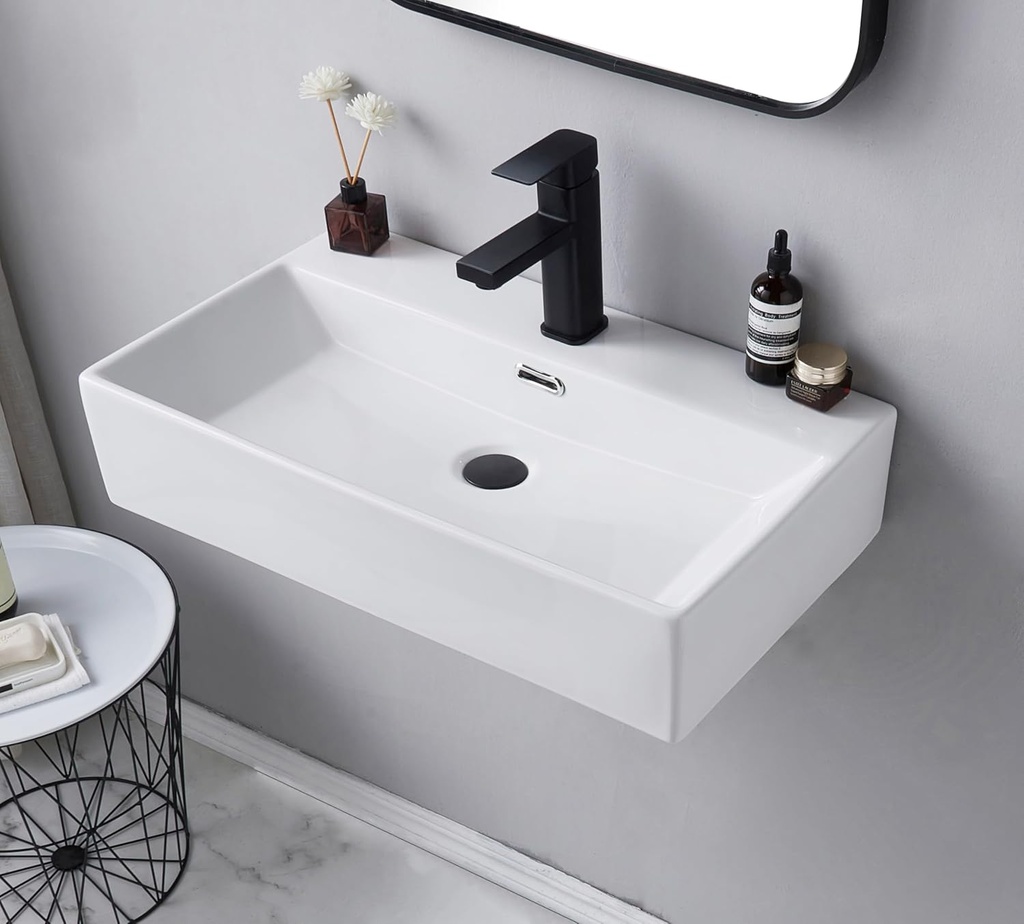 VCCUCINE 24"x14" Wall Mount Sink,Small Wall Mounted Bathroom Sink Contemporary Porcelain Ceramic,Modern White Floating or Countertop Rectangle Lavatory Art Basin with Faucet Hole Vanity