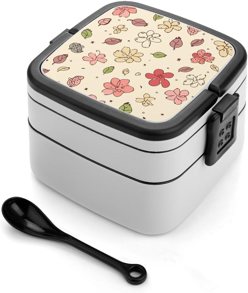Lovely Flower Patterns Bento Box with Compartments Double Layer Bento Lunch Box with Spoon And Handle All-in-One Adult Lunchbox Leakproof Lunch Container for Work Picnic Travel