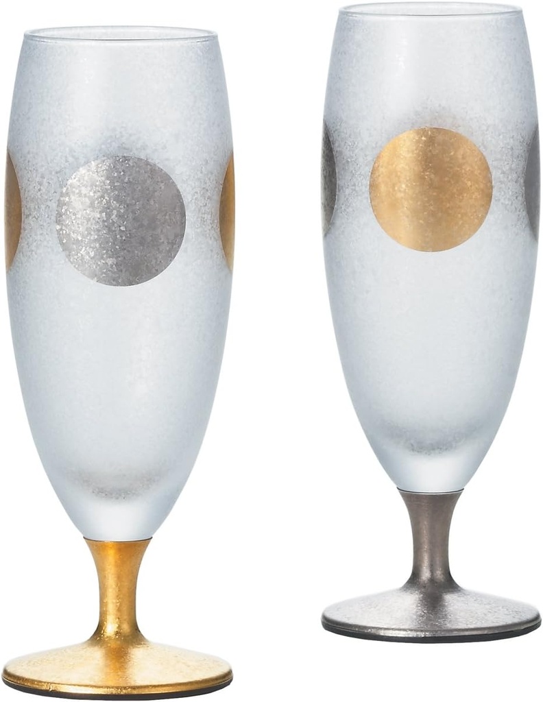 Aderia Japan Traditional Japanese Patterns Sun Moon Gold Silver Tall Glasses Set of 2 Besties Couples Wine Beer Spirits Sake Champagne Cups