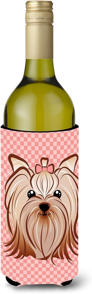 Caroline's Treasures BB1138LITERK Pink Checkered Yorkie/Yorkshire Terrier Wine Bottle Hugger Bottle Cooler Sleeve Hugger Machine Washable Collapsible Insulator Beverage Insulated Holder