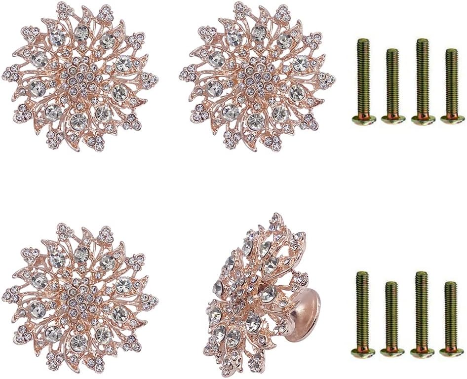 4 Pcs Flower Dresser Knobs,Rose Gold Cabinet Handles,Rhinestones Decorative Knobs Furniture Door Handle for Wardrobe Cupboard Closet (Rose Gold)