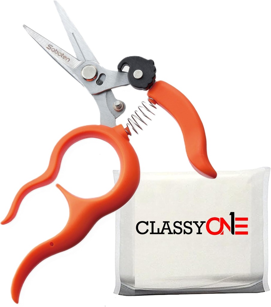 Saboten Compact Harvest Scissors Bundled with Pocket Tissue, Made in Japan Trimming Scissor With Stainless Steel Blades, Rust Resistant Gardening Scissors with Sliding-type Ring