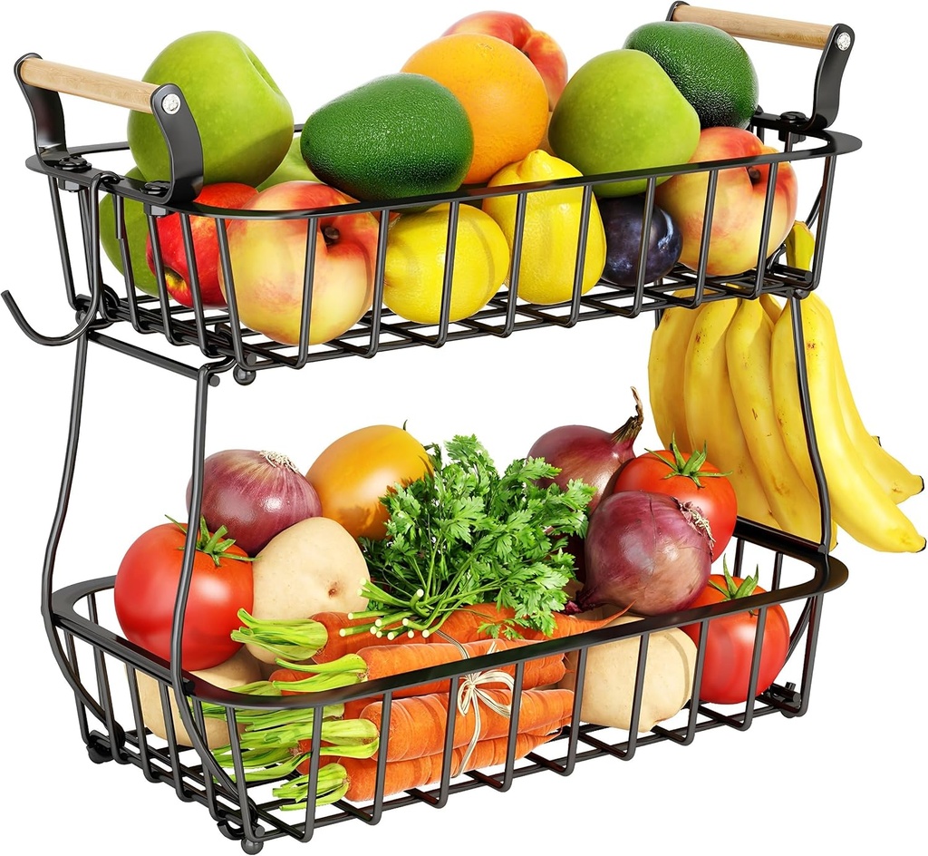 2 Tier Fruit Basket Bowl with 2 Banana Hangers for Kitchen Counter, Countertop Fruit Storage Produce Basket Metal Vegetable Holder Stand Organizer for Bread Snack Veggies Potato, Black