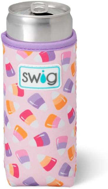 Swig Life Skinny Can Coolie, Halloween 12oz Slim Can Holder, Neoprene Insulated Cup Cooler with Pocket, Covers for Tall Beer Bottles, Beach Accessories for Women (Candy Corn)