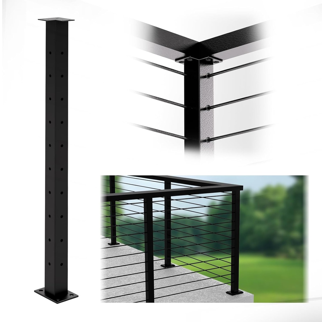 T304 Stainless Steel Corner Cable Railing Posts 36"(Post 35.5x2x2) L-drilled Flat Top Railing Post-Wire Railing Handrail Post for Indoor Outdoor Wood/Concrete Deck Balcony Porch Cable Railing System